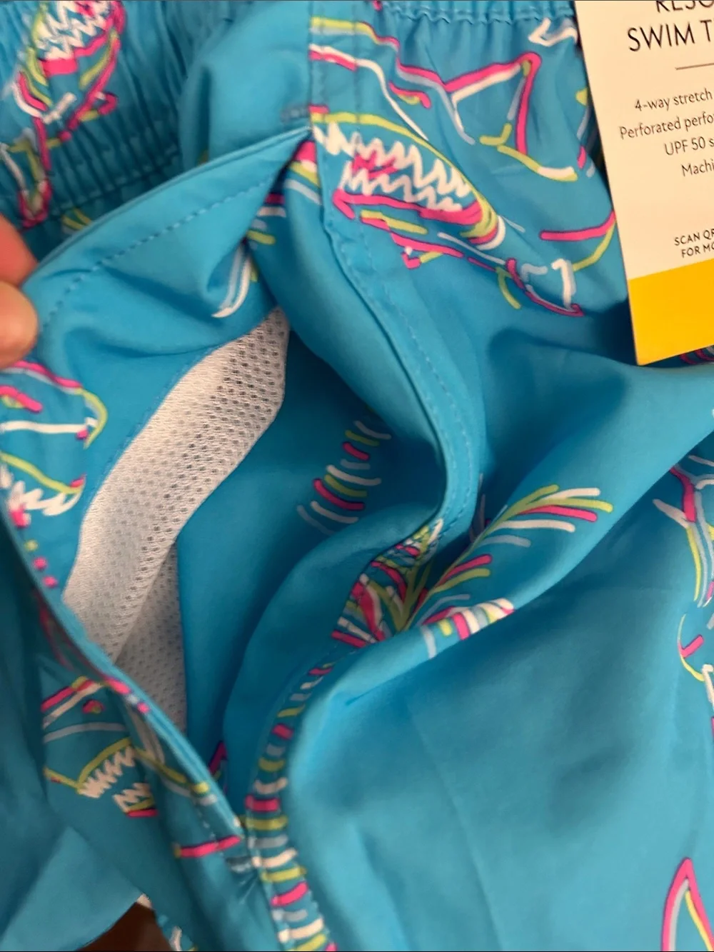 Men's Turquoise Shark & Palm Print Swim Shorts Mens M NWT
